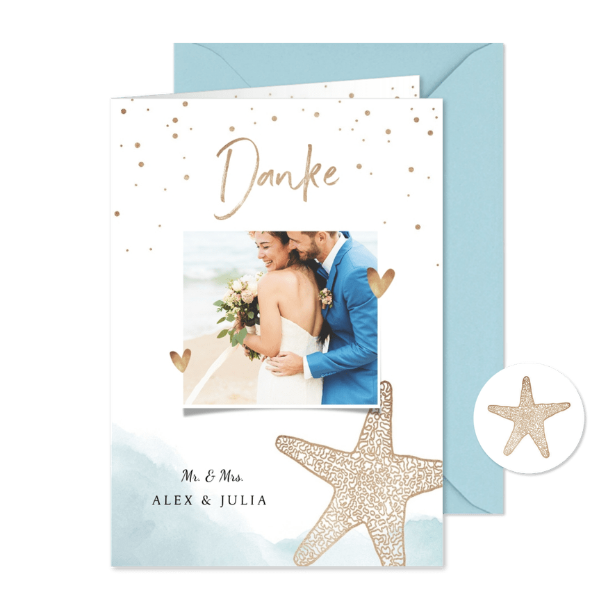 Dankeskarte zur Hochzeit Strandfeeling mit Foto - Kartenvorschau