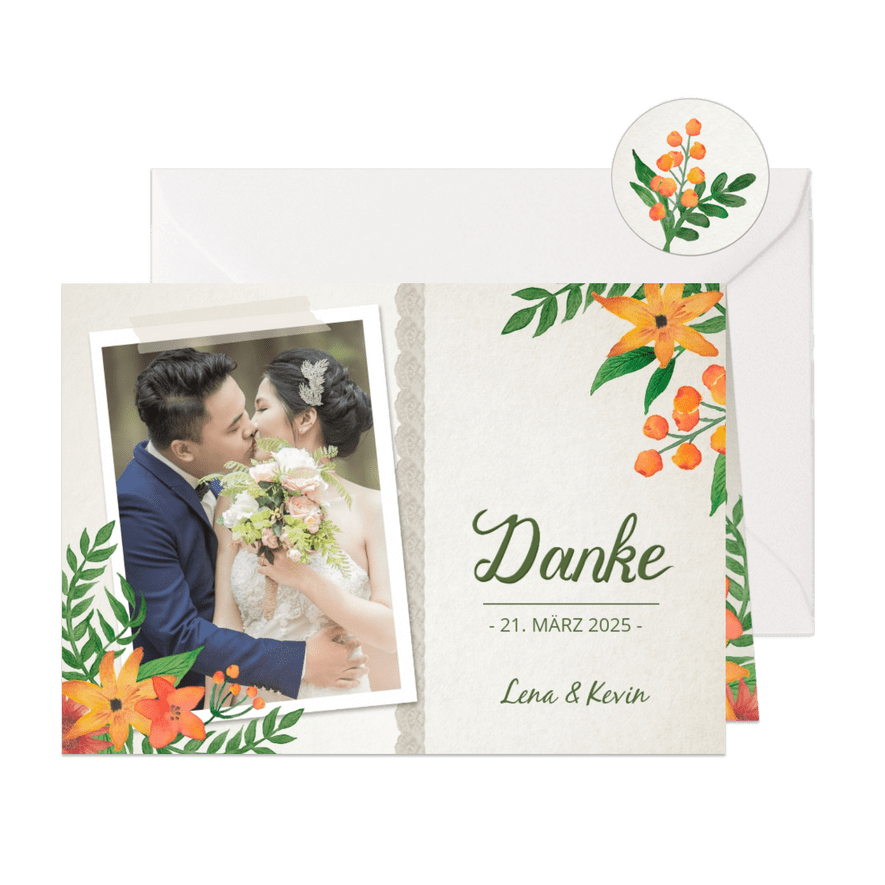 Dankeskarte zur Hochzeit Vintage Blumen mit Foto - Karteneindruck
