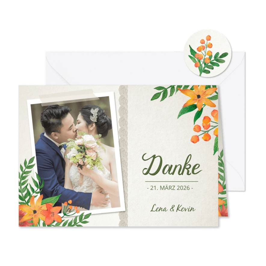 Dankeskarte zur Hochzeit Vintage Blumen mit Foto - Karteneindruck
