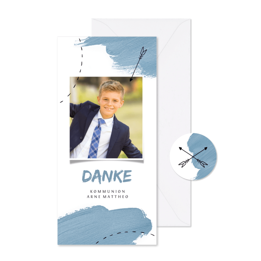 Dankeskarte zur Kommunion blaue Farbkleckse - Karteneindruck
