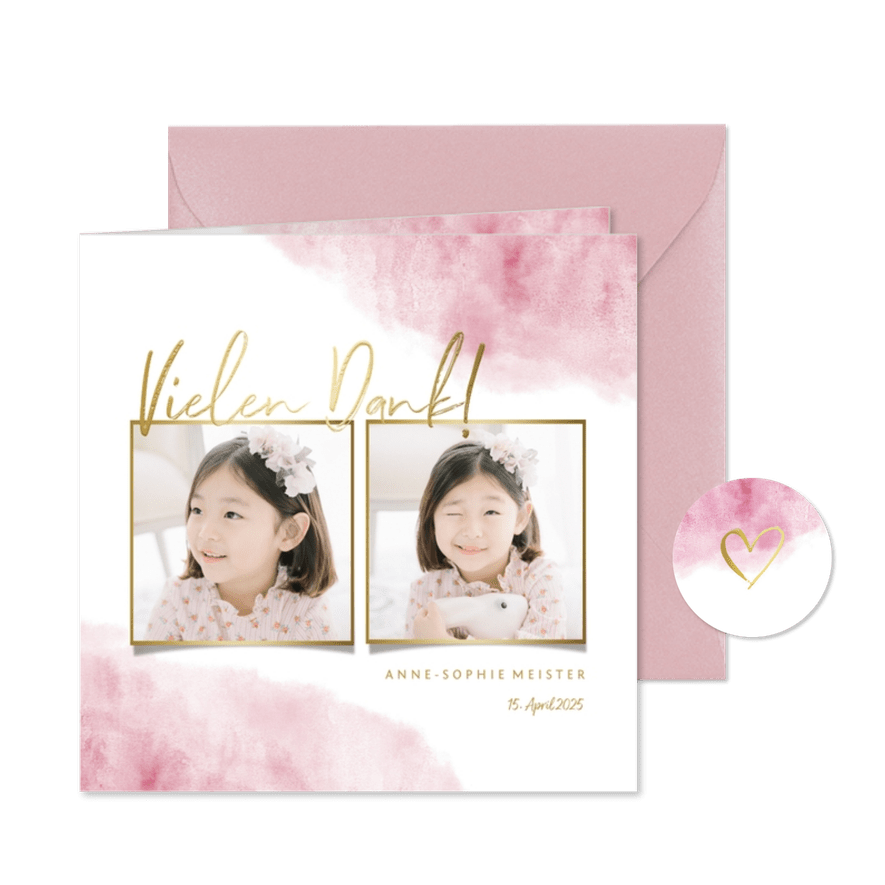 Dankeskarte zur Kommunion Fotos, Goldlook & Wasserfarbe - Karteneindruck