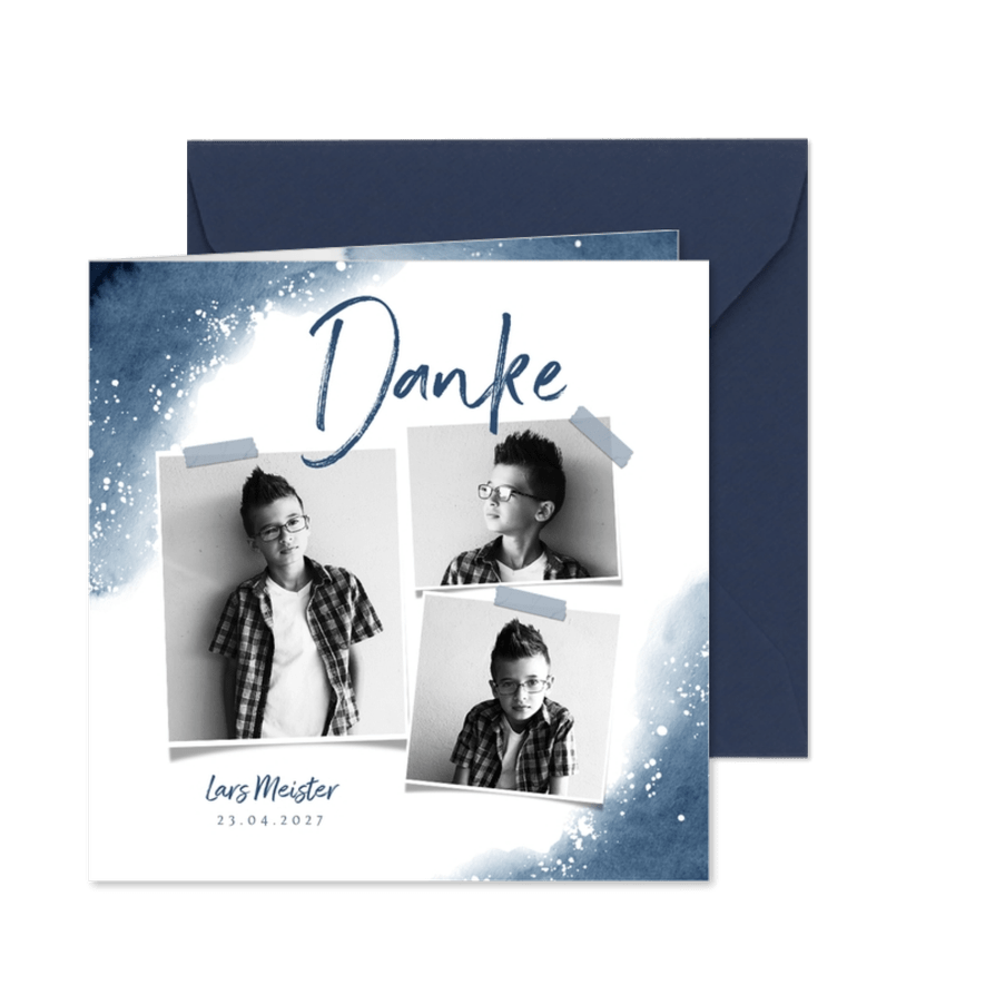 Dankeskarte zur Kommunion Fotos & Wasserfarbe dunkelblau - Karteneindruck