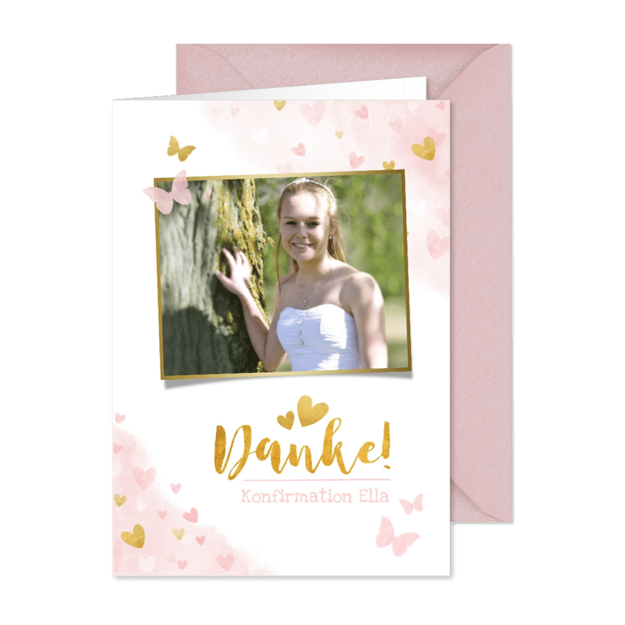Dankeskarte zur Konfirmation Foto, Aquarell & Herzen - Karteneindruck

