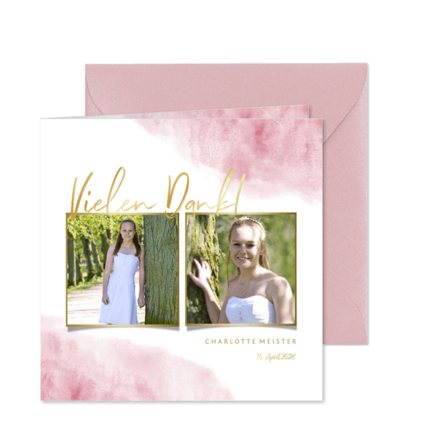 Dankeskarte zur Konfirmation Fotos, Goldlook & Wasserfarbe - Karteneindruck
