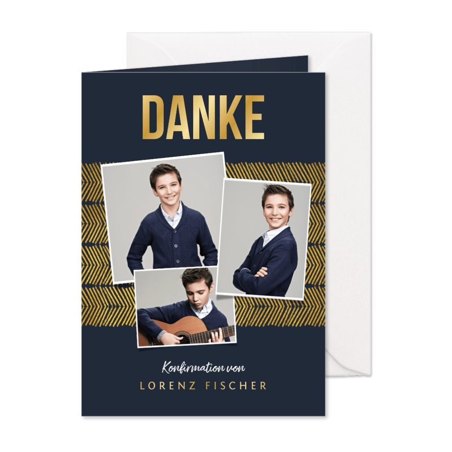 Dankeskarte zur Konfirmation grafisch Fotos & Goldlook - Karteneindruck
