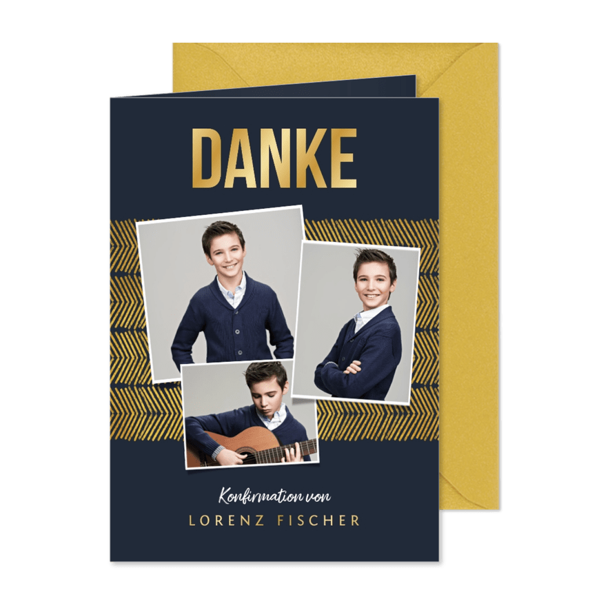 Dankeskarte zur Konfirmation grafisch Fotos & Goldlook - Karteneindruck