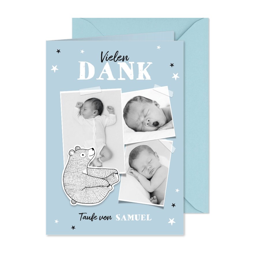 Dankeskarte zur Taufe eigene Fotos blau Bär und Sterne - Karteneindruck