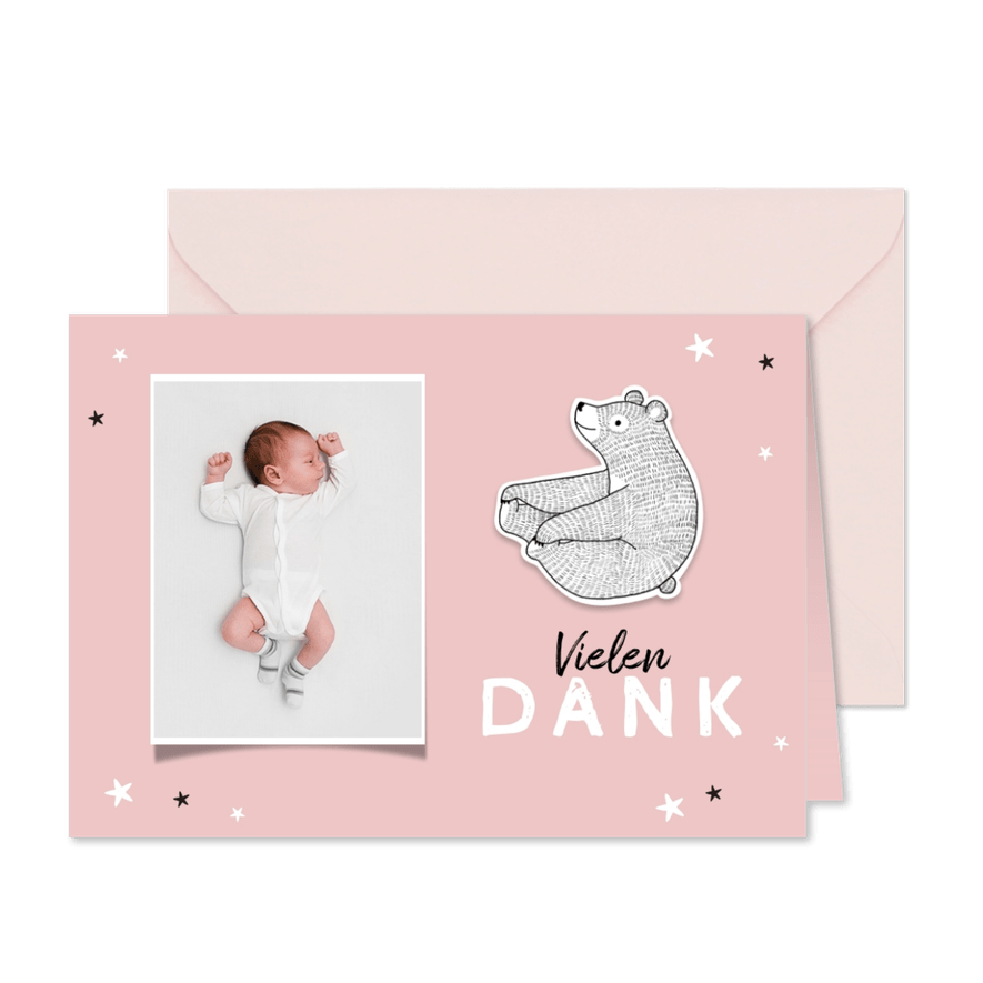 Dankeskarte zur Taufe eigenes Foto rosa Bär und Sterne - Karteneindruck