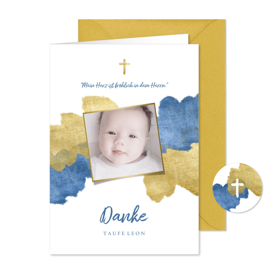 Dankeskarte zur Taufe Foto metallic blau - Karteneindruck
