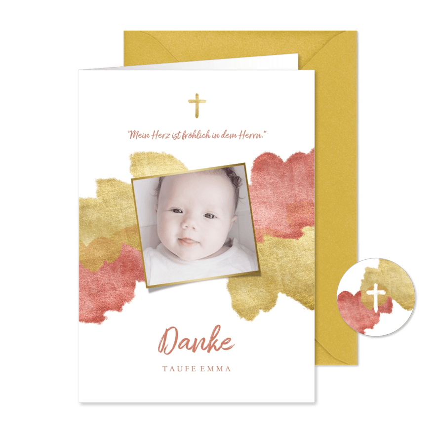 Dankeskarte zur Taufe Foto metallic rosé - Karteneindruck