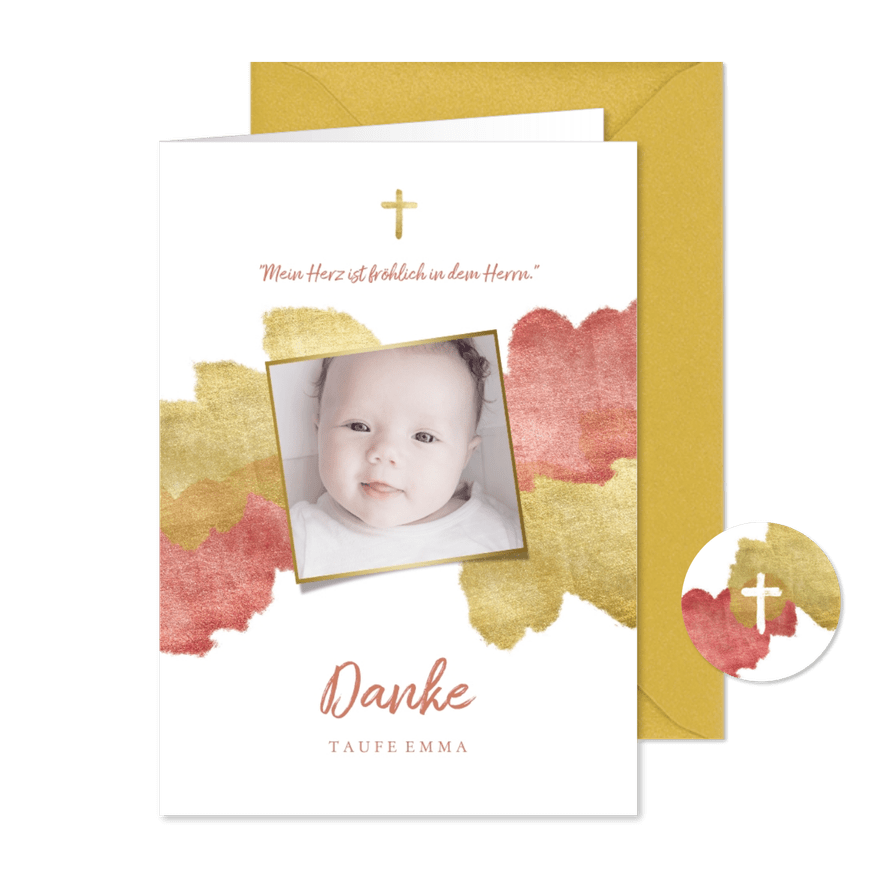 Dankeskarte zur Taufe Foto metallic rosé - Karteneindruck