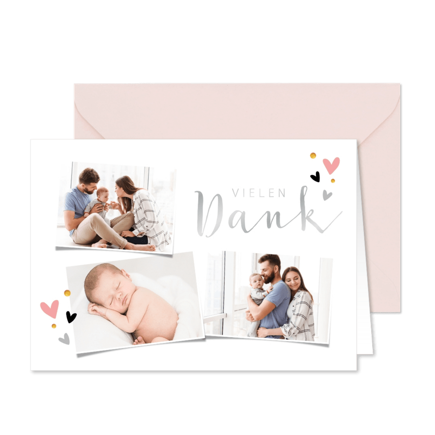 Dankeskarte zur Taufe Fotocollage mit Herzen - Kartenvorschau