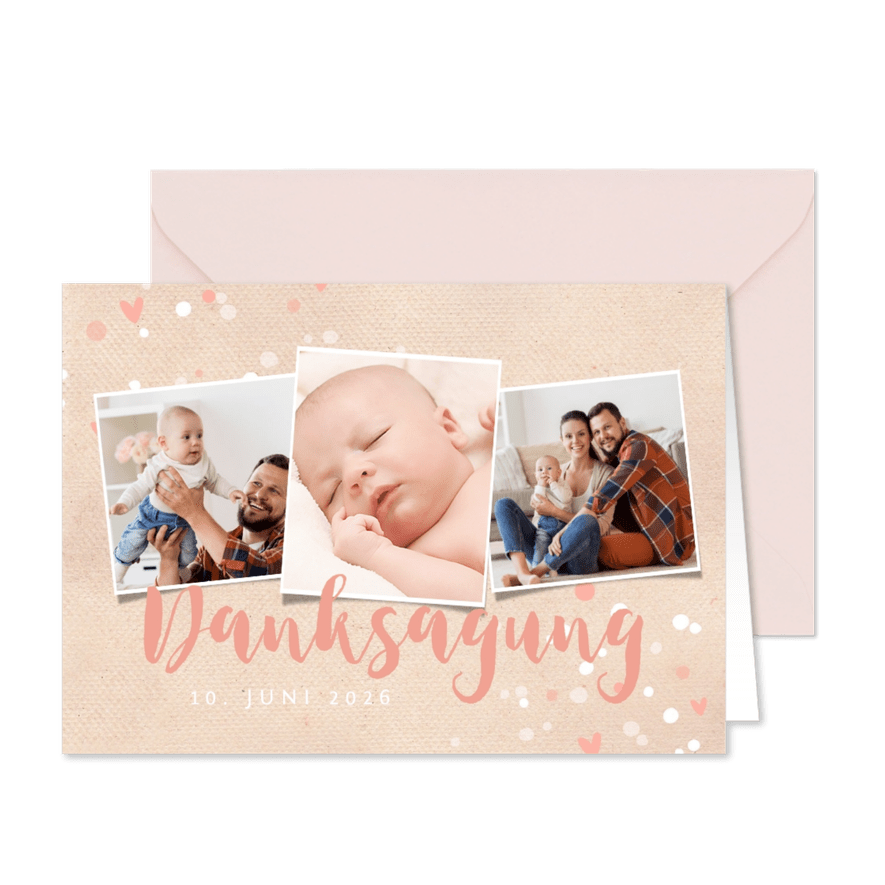 Dankeskarte zur Taufe Fotos, Punkte und Herzen - Karteneindruck
