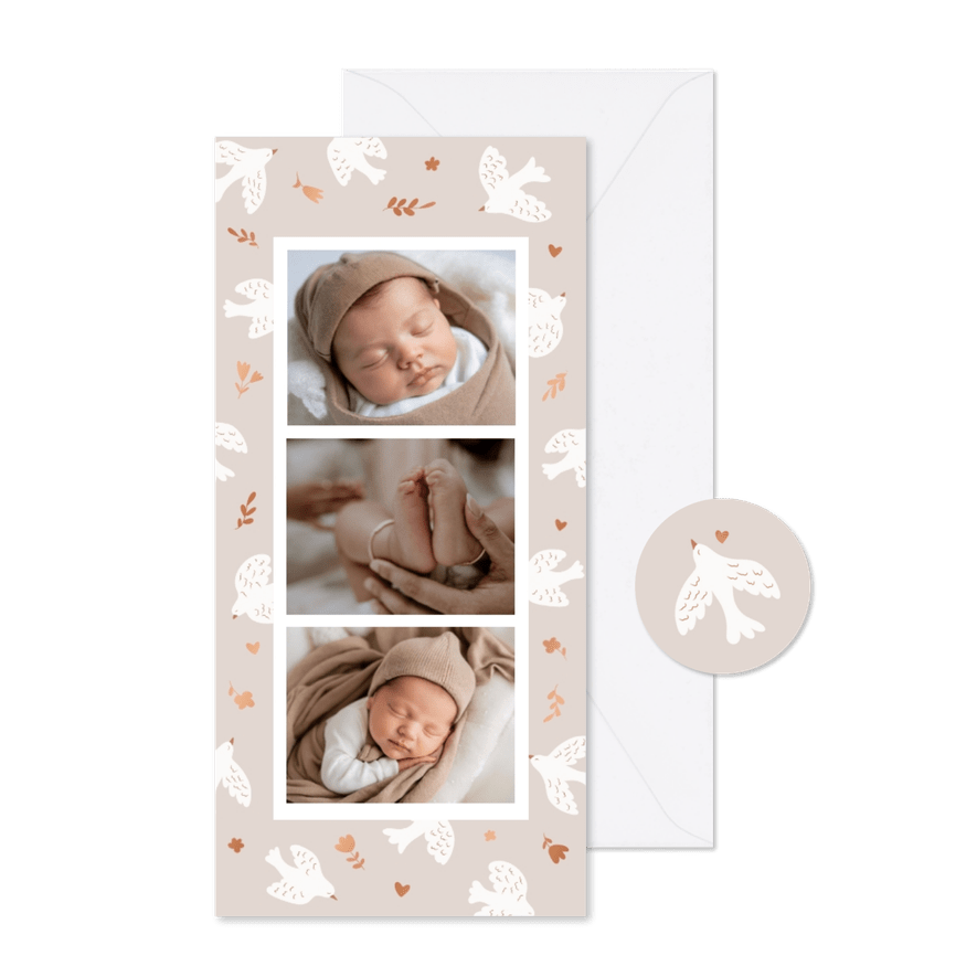 Dankeskarte zur Taufe Fotos, Tauben und Blumen - Karteneindruck
