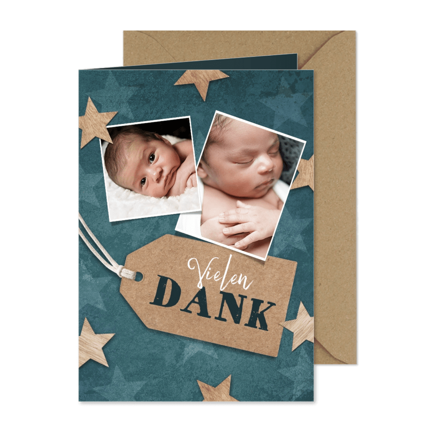 Dankeskarte zur Taufe Sterne im Holzlook und Foto - Karteneindruck
