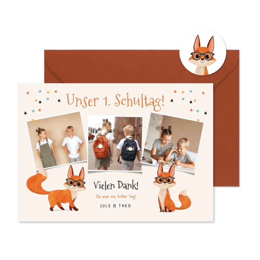 Danksagung 1. Schultag Fotocollage Zwillinge mit Füchsen - Karteneindruck
