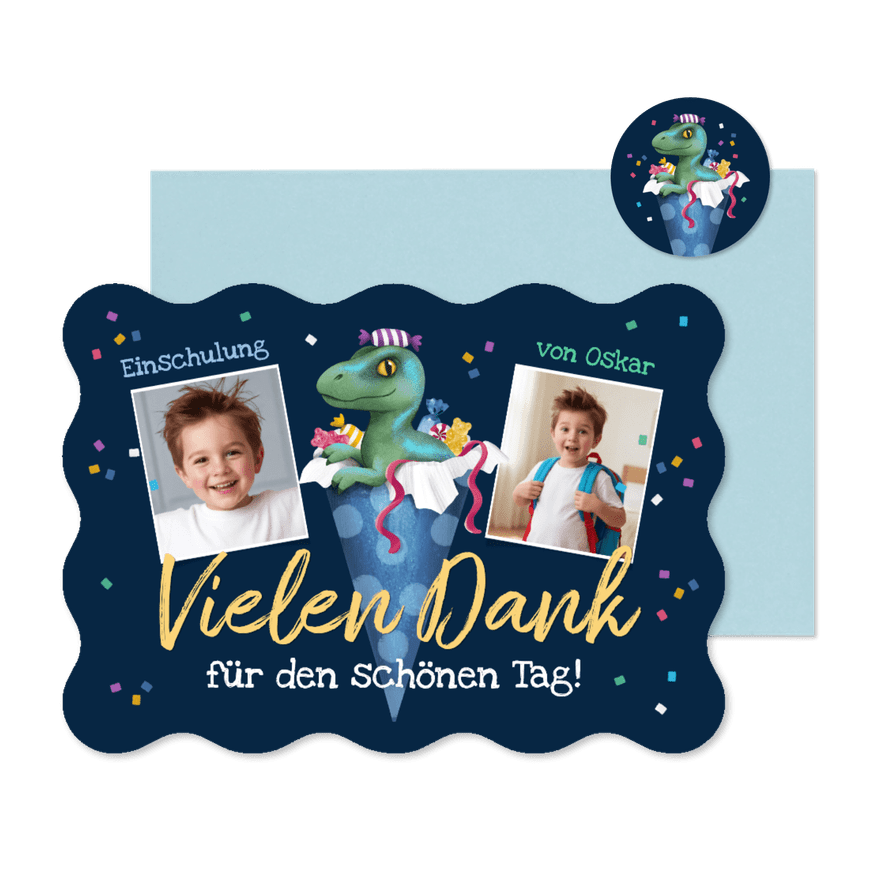 Danksagung 1. Schultag Fotos & Dino Raptor in Schultüte - Karteneindruck