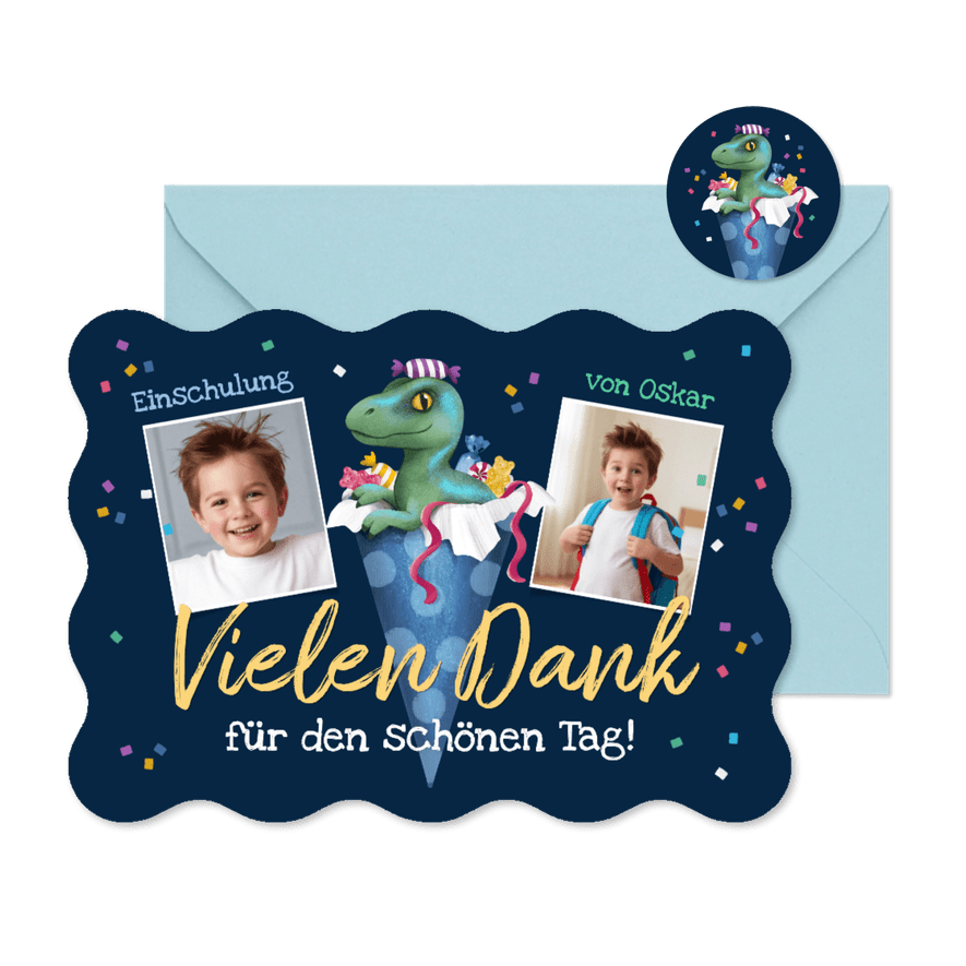 Danksagung 1. Schultag Fotos & Dino Raptor in Schultüte - Kartenvorschau