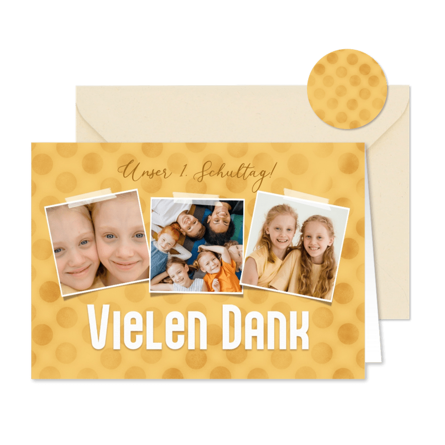 Danksagung 1. Schultag Zwilling Fotos & gelbe Tupfen - Karteneindruck