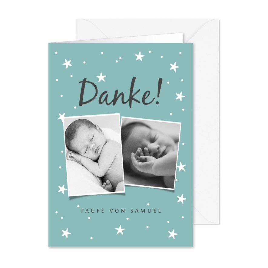 Danksagung blau mit Fotos & Sternen - Karteneindruck