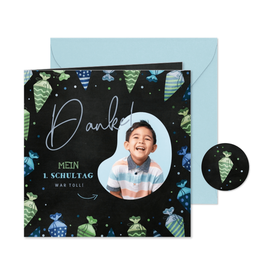Danksagung Einschulung blau-grüne Schultüten & Foto - Karteneindruck
