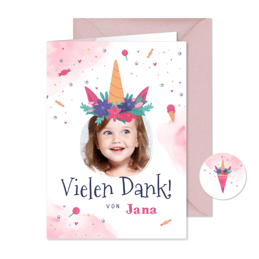 Danksagung Einschulung Foto mit Einhorn-Deko - Karteneindruck