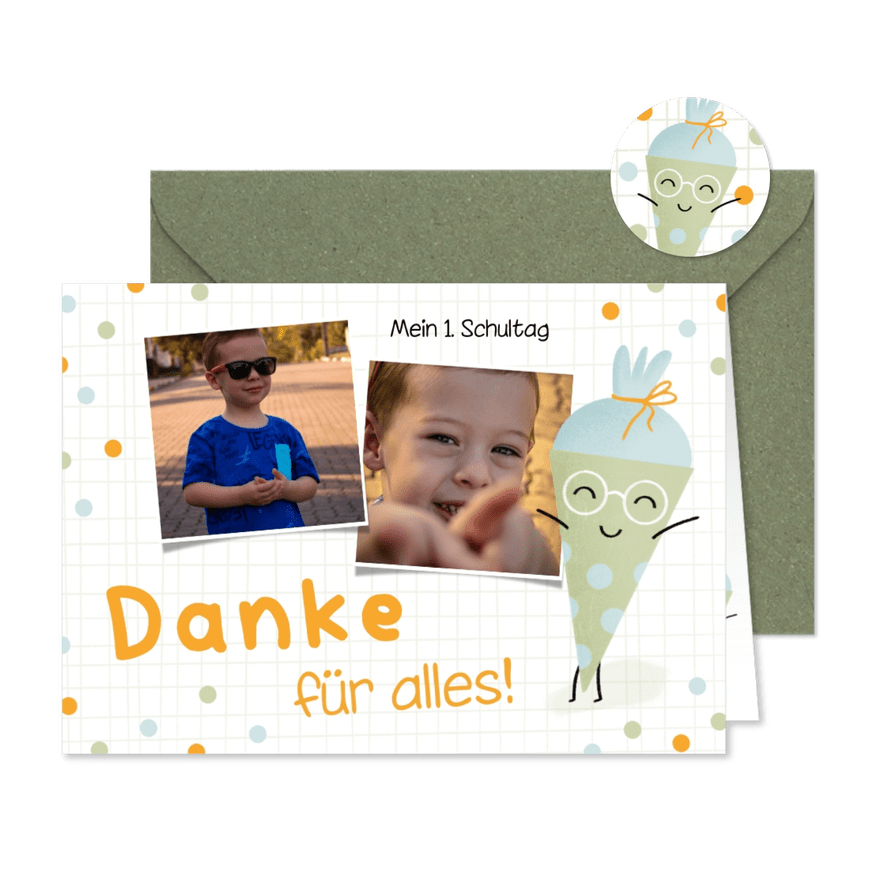 Danksagung Einschulung lustige Schultüte grün - Karteneindruck
