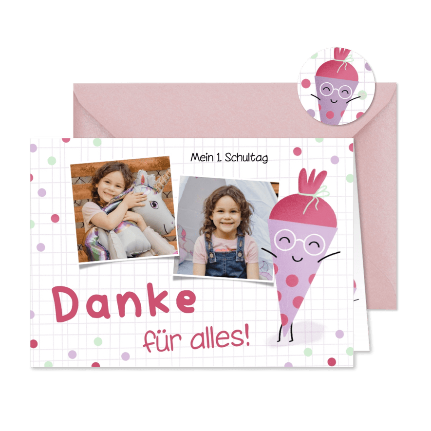 Danksagung Einschulung lustige Schultüte lila - Karteneindruck

