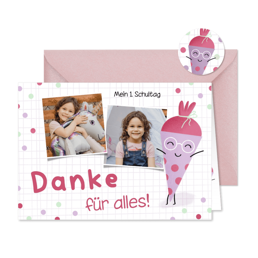 Danksagung Einschulung lustige Schultüte lila - Kartenvorschau
