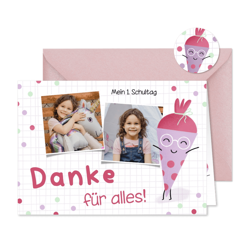 Danksagung Einschulung lustige Schultüte lila - Karteneindruck