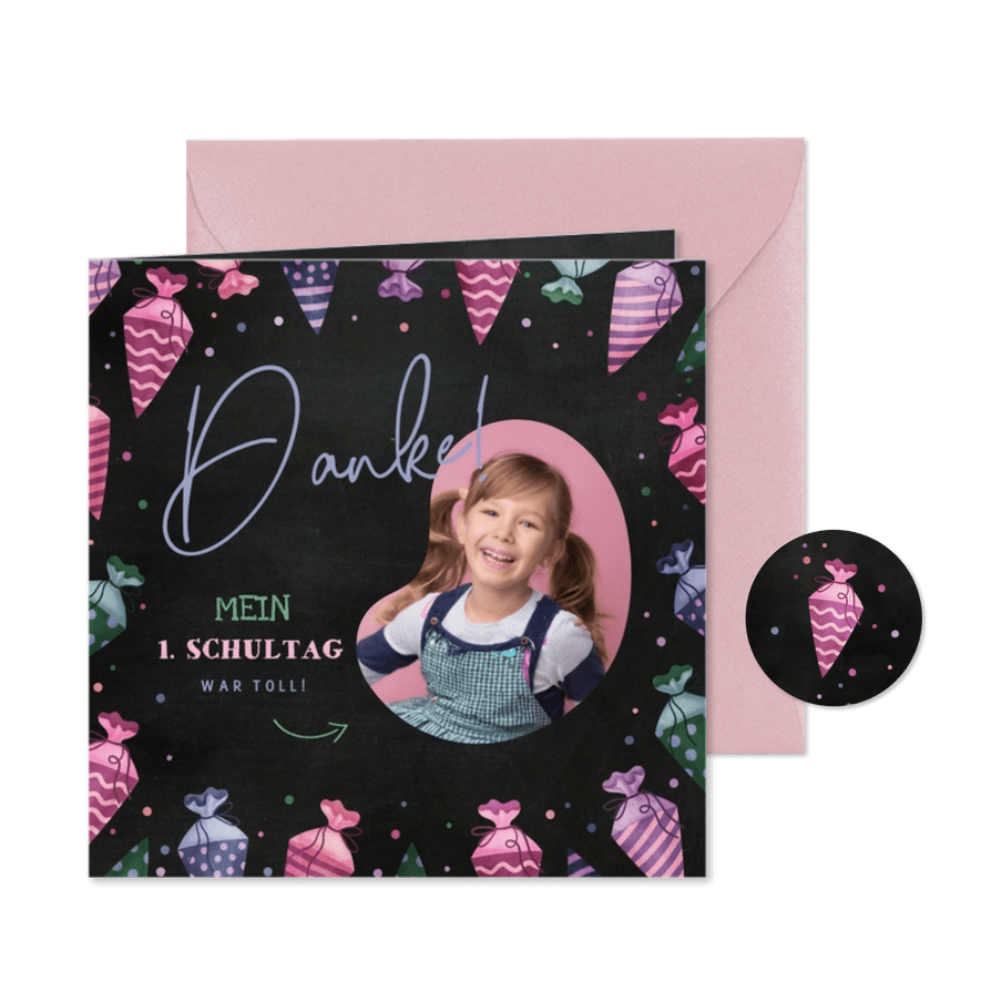 Danksagung Einschulung pinke Schultüte & Foto - Karteneindruck