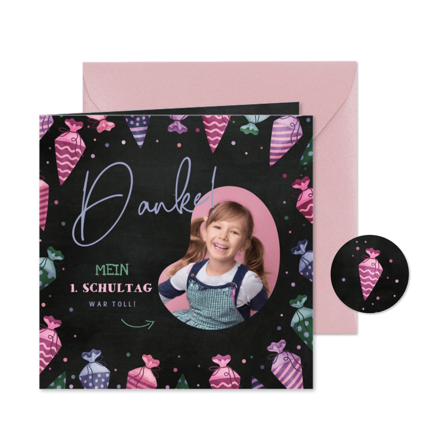 Danksagung Einschulung pinke Schultüte & Foto - Karteneindruck