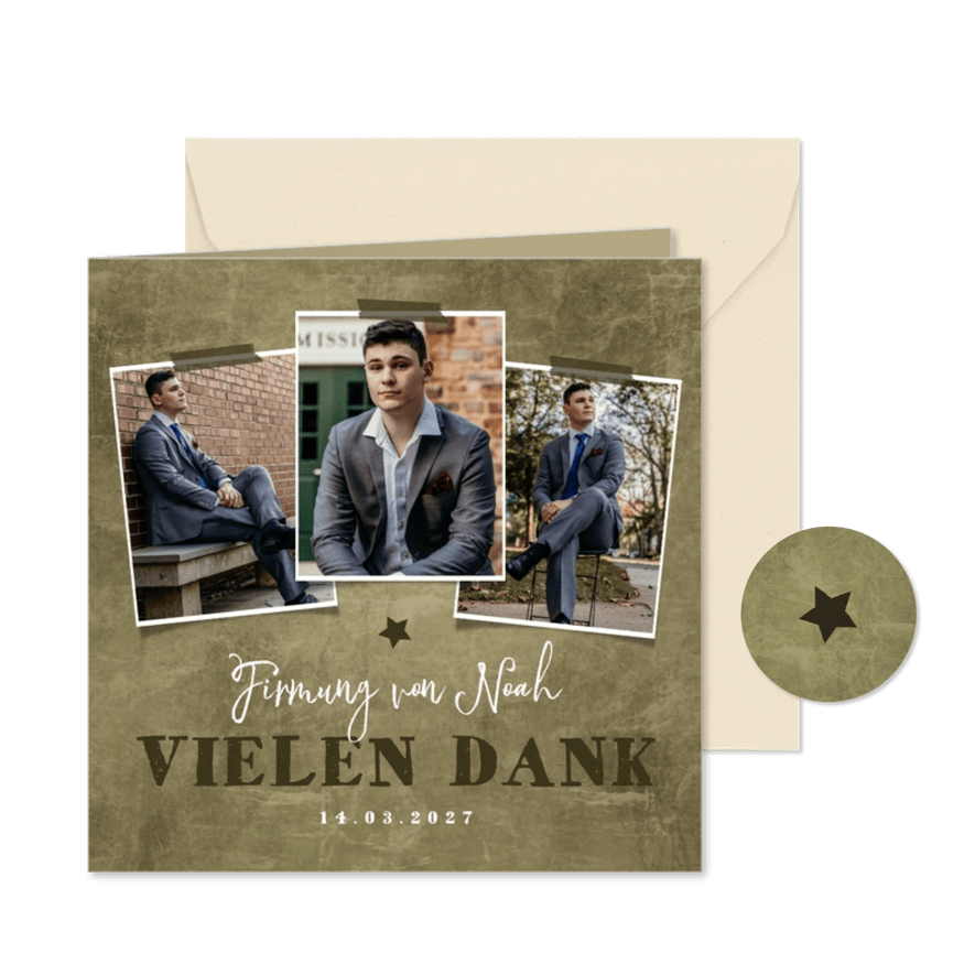 Danksagung Firmung olivgrün mit Fotos - Karteneindruck