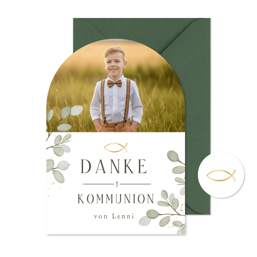 Danksagung Foto-Bogenkarte Kommunion Eukalyptus Ichthys - Kartenvorschau
