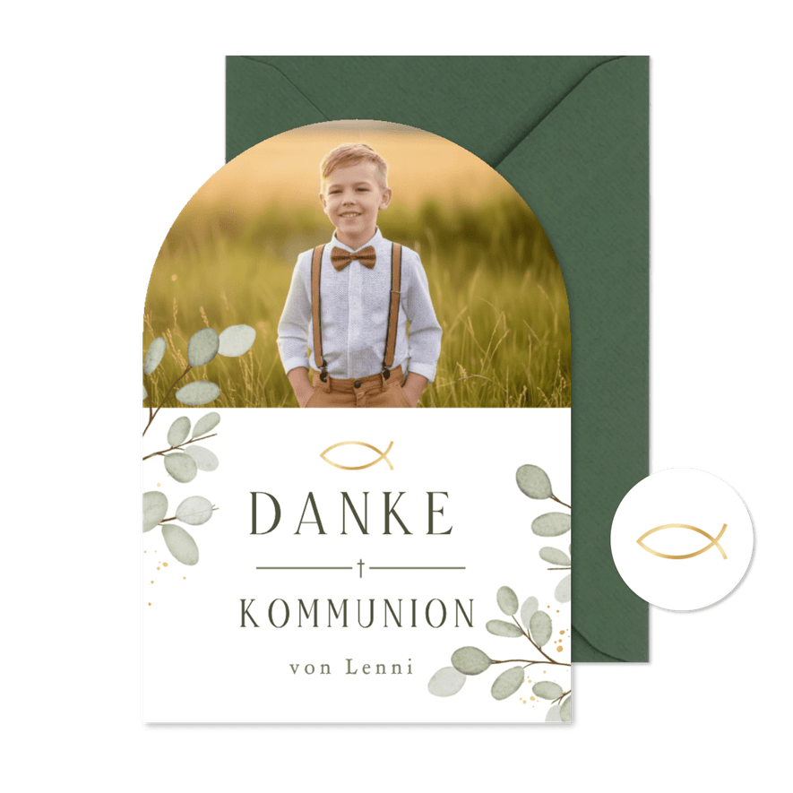 Danksagung Foto-Bogenkarte Kommunion Eukalyptus Ichthys  - Kartenvorschau
