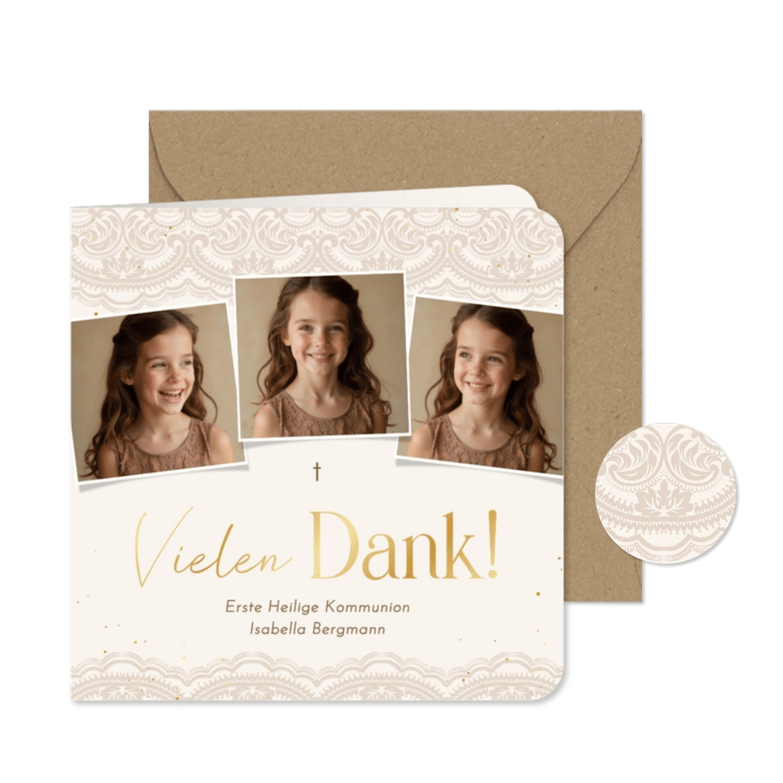Danksagung Fotocollage-Karte Kommunion Spitzenrand - Kartenvorschau