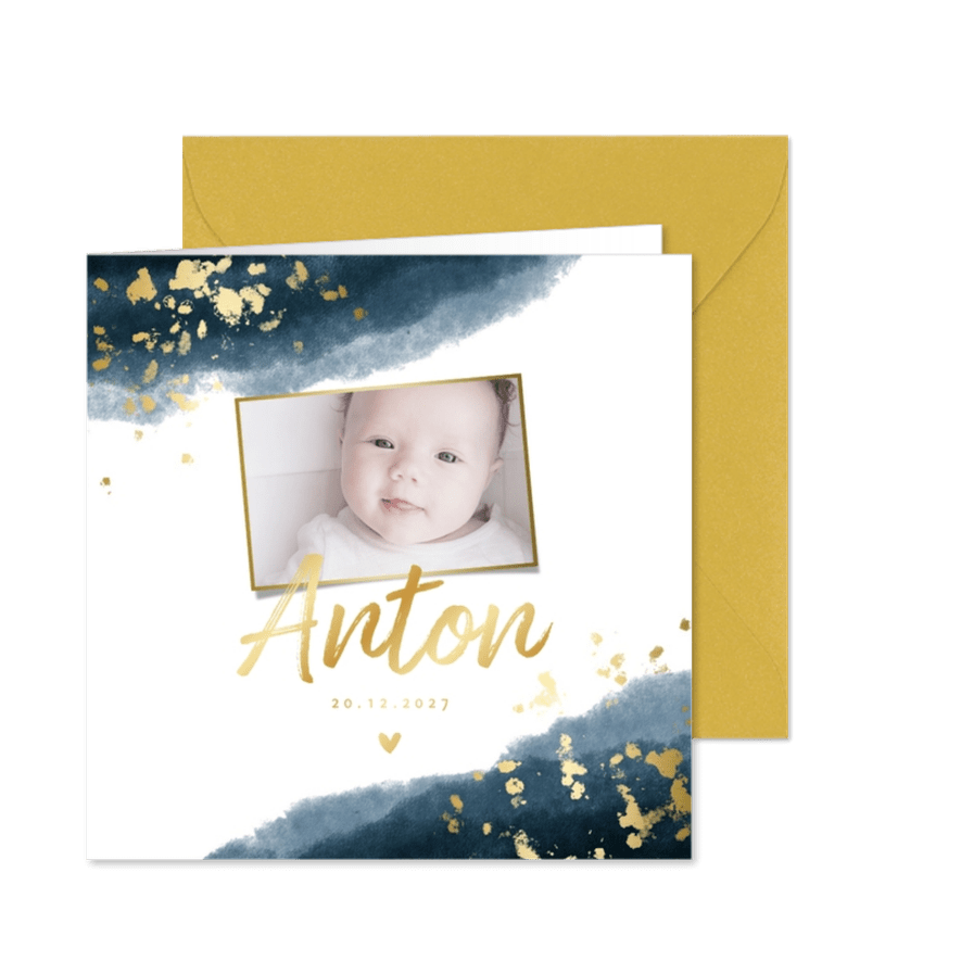 Danksagung Geburt Aquarelloptik Foto Goldlook blau - Karteneindruck