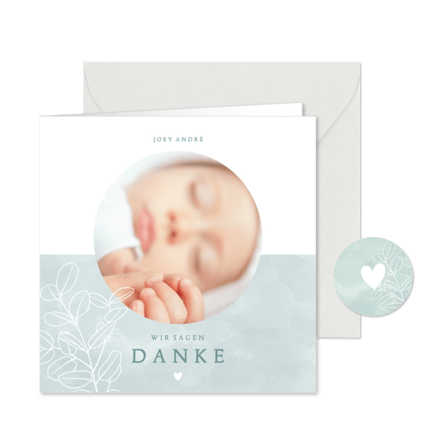 Danksagung Geburt blaugrün rundes Foto  - Karteneindruck