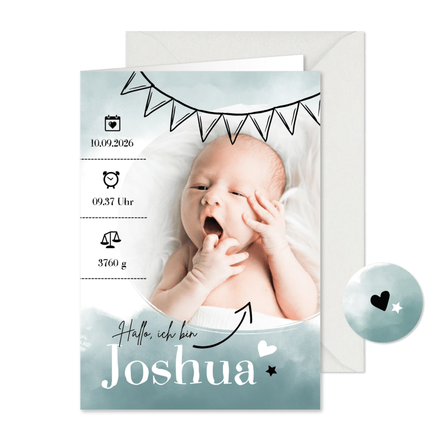 Danksagung Geburt eigenes Foto blaue Wasserfarbe - Karteneindruck
