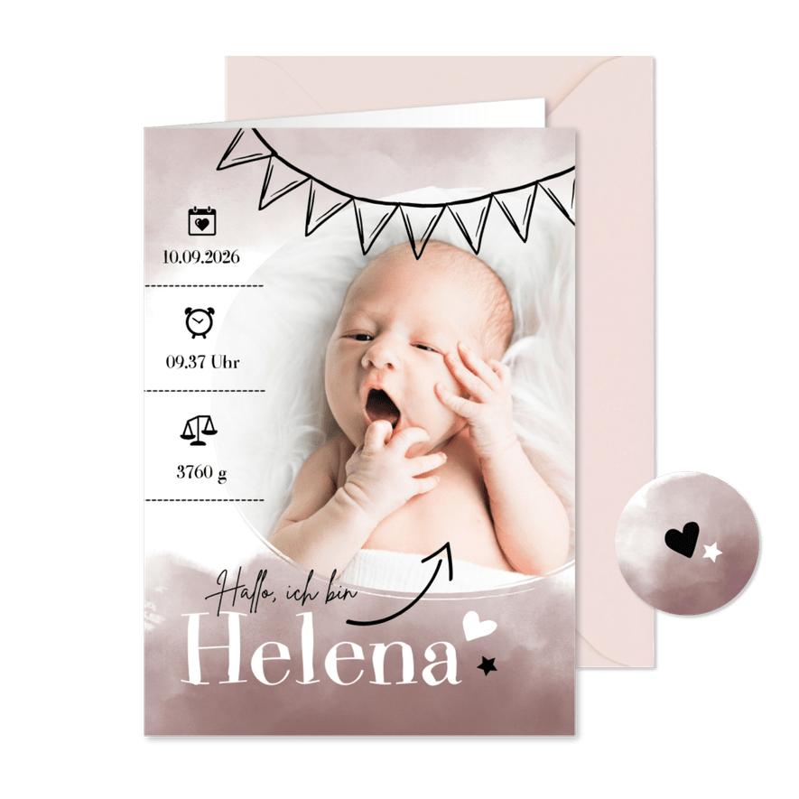 Danksagung Geburt eigenes Foto rosa Wasserfarbe - Karteneindruck
