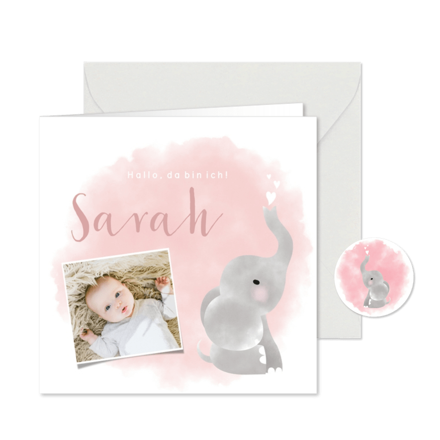 Danksagung Geburt Foto, Elefant Aquarell rosa - Karteneindruck