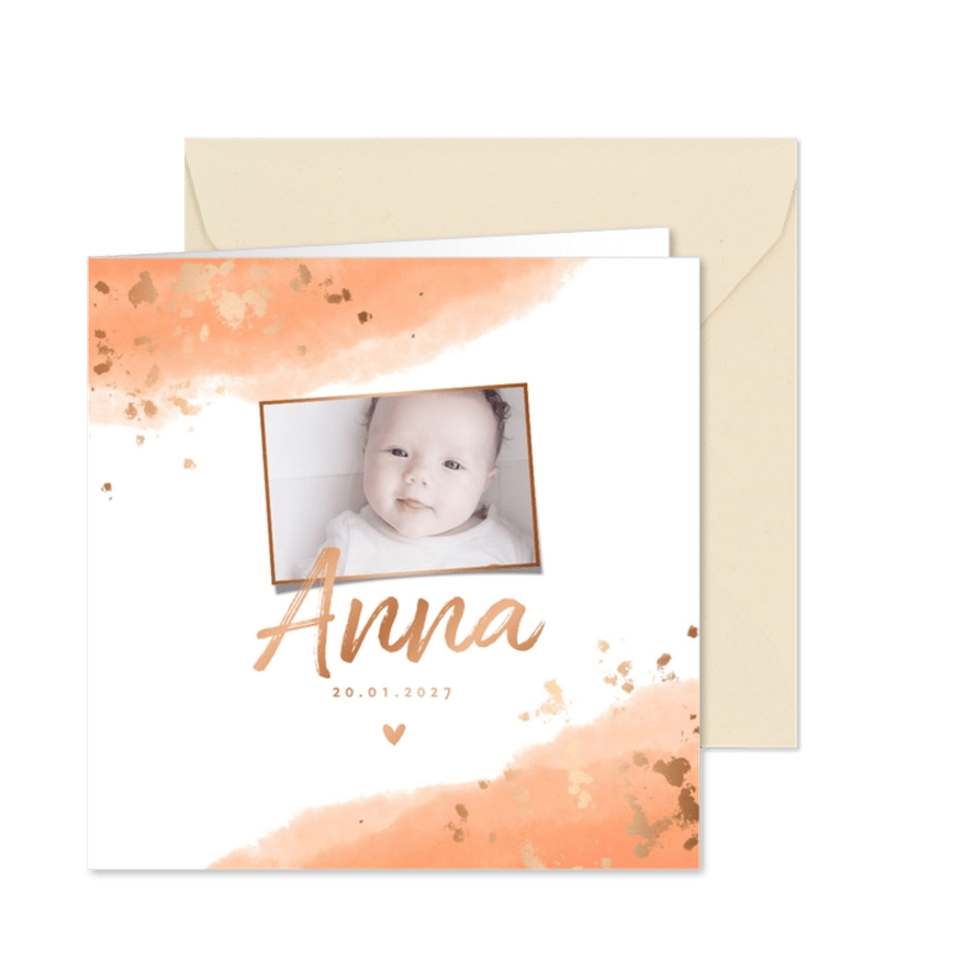 Danksagung Geburt Foto Goldlook & Aquarell lachsrosa - Karteneindruck