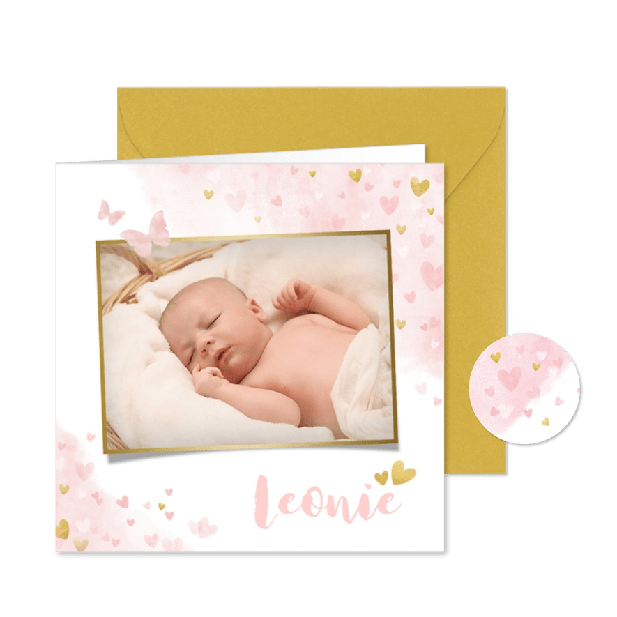 Danksagung Geburt Foto Herzchen auf Wasserfarbe - Karteneindruck
