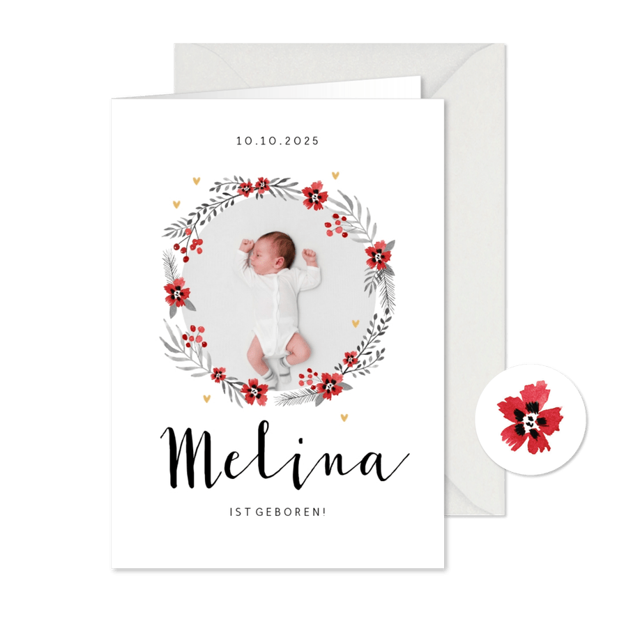 Danksagung Geburt Foto in Blumenkranz - Karteneindruck
