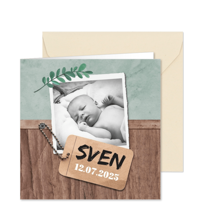 Danksagung Geburt Foto und Anhänger Holzlook - Karteneindruck