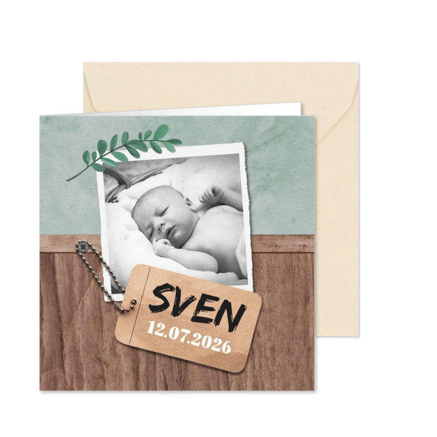 Danksagung Geburt Foto und Anhänger Holzlook - Karteneindruck
