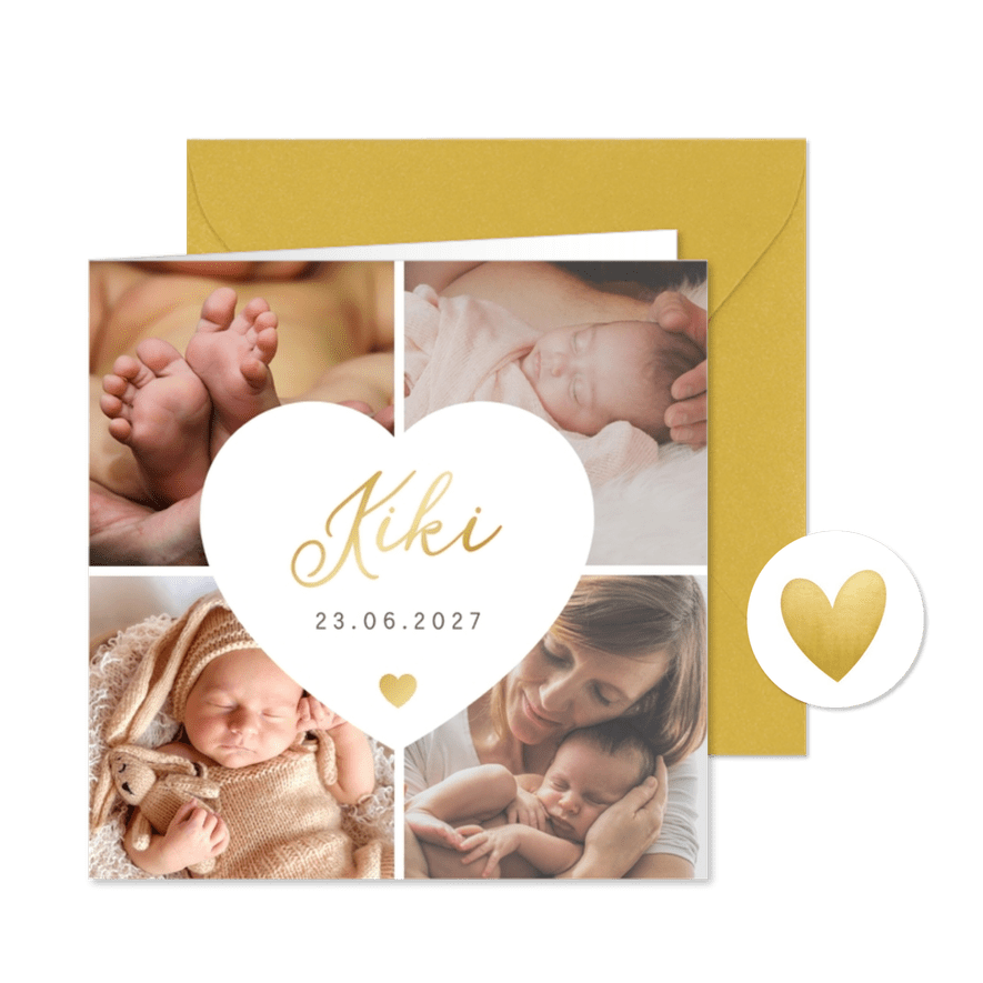 Danksagung Geburt Fotocollage mit Herz  - Karteneindruck
