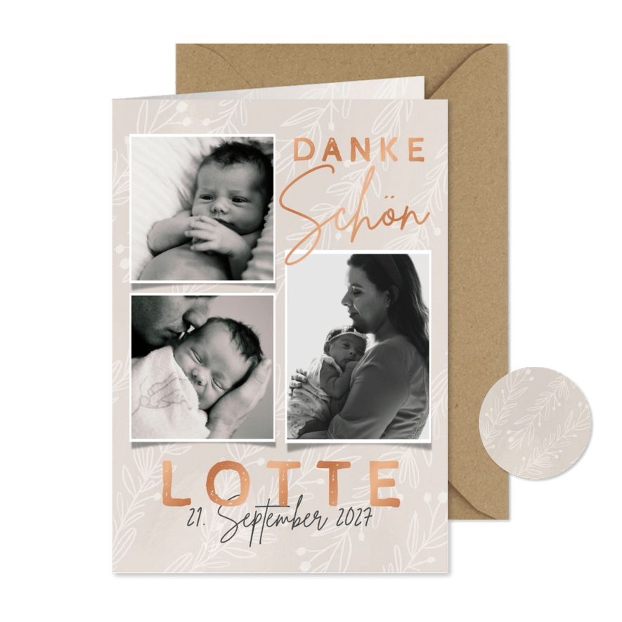 Danksagung Geburt Fotocollage und kleine Zweige - Karteneindruck
