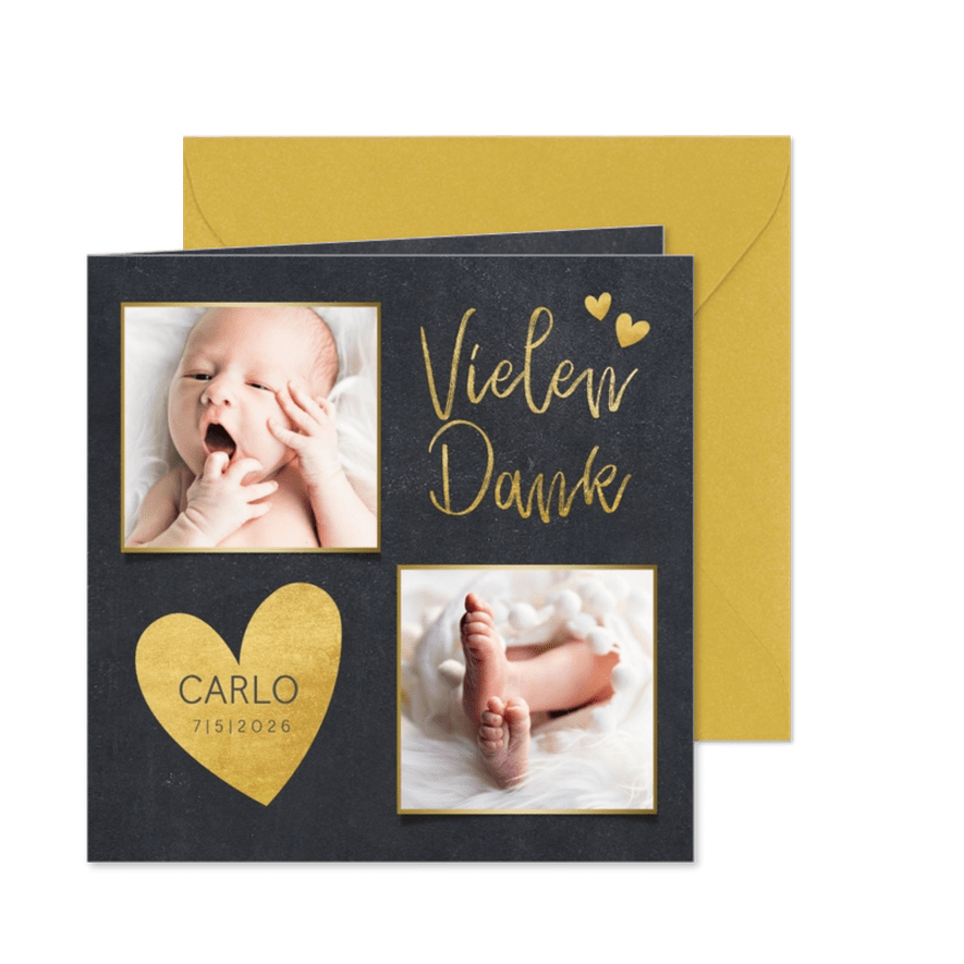 Danksagung Geburt Fotos Goldherz auf Kreidetafel - Karteneindruck
