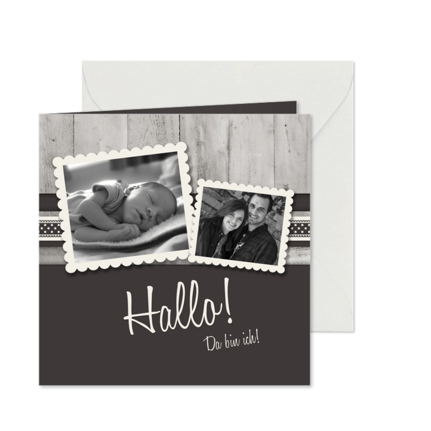 Danksagung Geburt Fotos Holz in Schwarzweiß-Look - Karteneindruck